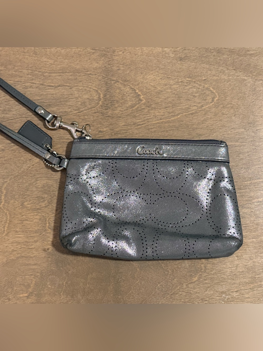 Coach Perforated Signature C Silver Metallic Wristlet